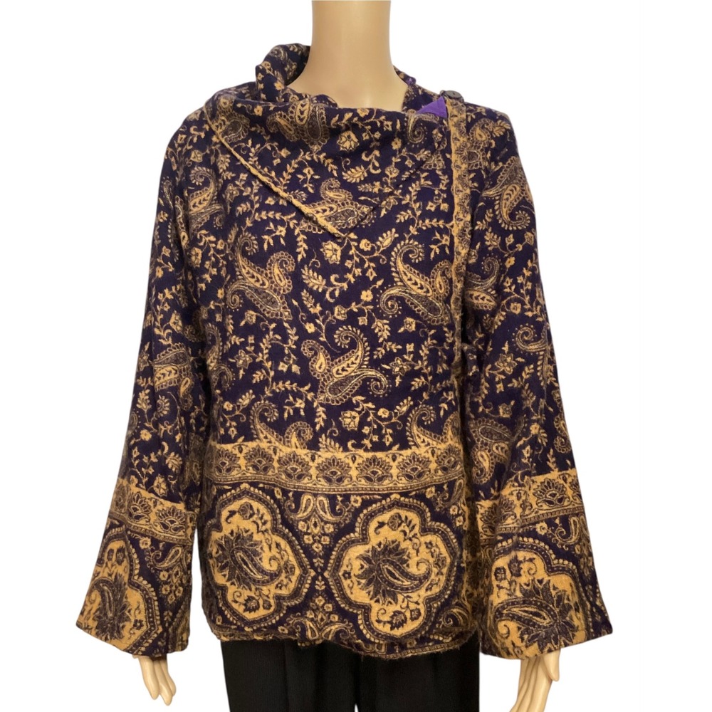Women's Purple & Gold Paisley Tunic Sweater / Asymmetrical Cowl-Neck Jacket sz M